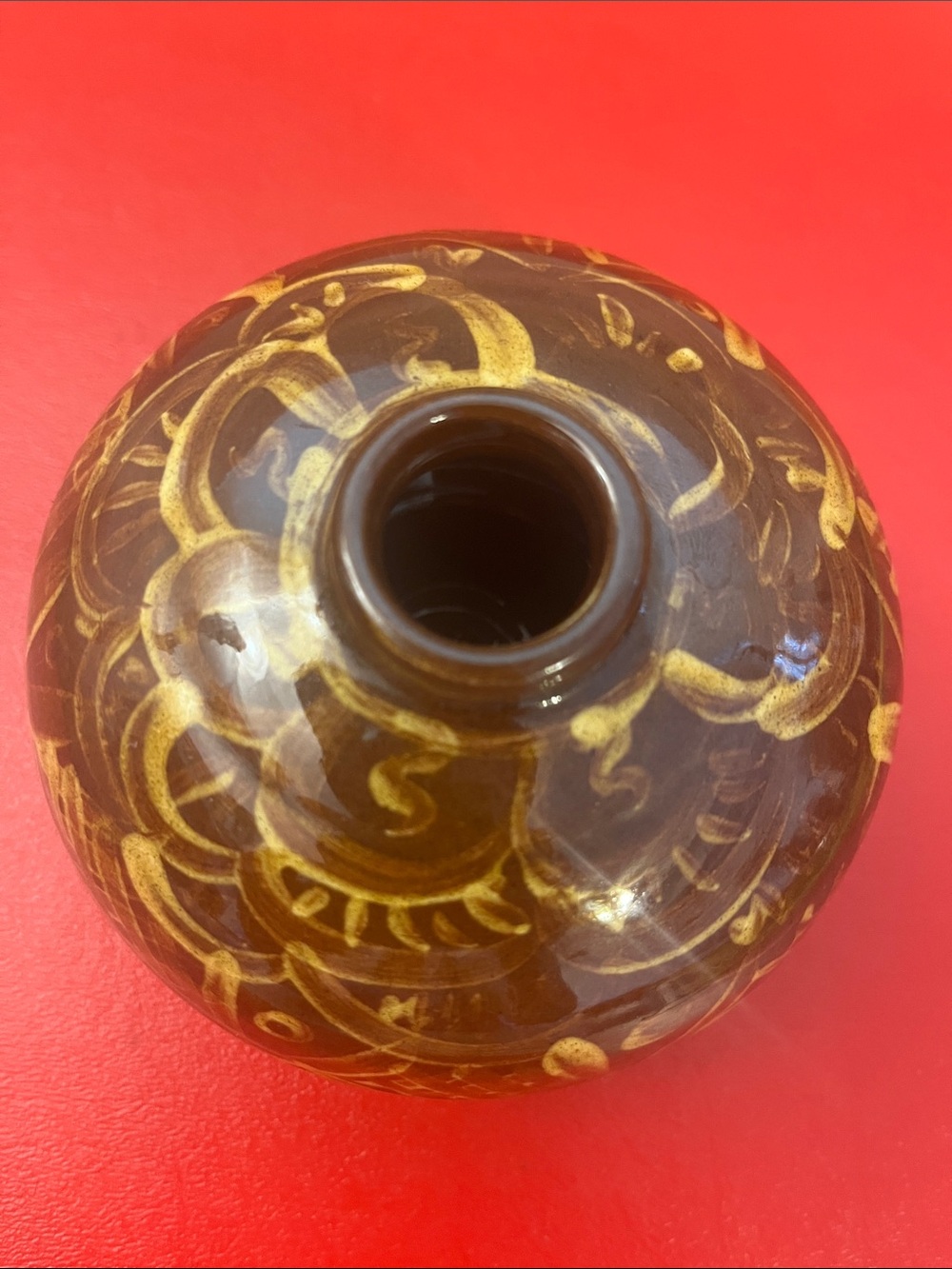 Vintage Handmade Spherical Earthenware Vase, Decorative Art 4.25”D 3”H